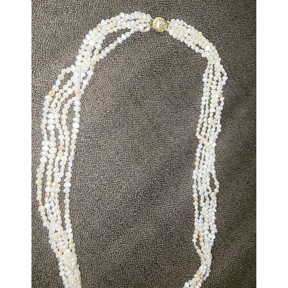 Luxury 5 Strand Pearl Necklace 30 IN & stamped 14k gold filigree clasps VTG Lux - Picture 13 of 15